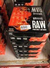 QUANTITY OF ITEMS TO INCLUDE WARRIOR RAW PROTEIN FLAPJACKS – 12 BARS X 75G EACH – PACKED WITH 20G OF PROTEIN – LOW SUGAR, HIGH IN FIBRE (SALTED CARAMEL) - BEST BEFORE JUL 24: LOCATION - H RACK