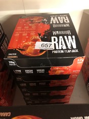 QUANTITY OF ITEMS TO INCLUDE WARRIOR RAW PROTEIN FLAPJACKS – 12 BARS X 75G EACH – PACKED WITH 20G OF PROTEIN – LOW SUGAR, HIGH IN FIBRE (SALTED CARAMEL) - BEST BEFORE JUL 24: LOCATION - H RACK