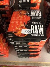 QUANTITY OF ITEMS TO INCLUDE WARRIOR RAW PROTEIN FLAPJACKS – 12 BARS X 75G EACH – PACKED WITH 20G OF PROTEIN – LOW SUGAR, HIGH IN FIBRE (SALTED CARAMEL) - BEST BEFORE JUL 24: LOCATION - H RACK