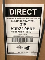 DIRECT UNVENTED HOT WATER STORAGE CYLINDER ALBION ULTRASTEEL 210 AUD210ERP: LOCATION - FRONT FLOOR (COLLECTION OR OPTIONAL DELIVERY AVAILABLE)