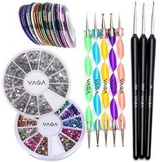 QUANTITY OF ASSORTED ITEMS TO INCLUDE VAGA NAIL ART ACCESSORIES SET DOT DOTTING TOOL DETAILER NAIL BRUSHES RHINESTONES DECORATIONS GEMSTONES AND NAILS STRIPING TAPES - TOTAL RRP £163: LOCATION - RACK