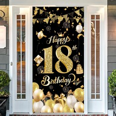 QUANTITY OF ASSORTED ITEMS TO INCLUDE 18TH BIRTHDAY DOOR BANNER,BLACK GOLD 60TH BIRTHDAY DECORATIONS,HAPPY 18TH BIRTHDAY PARTY BACKDROP BANNER,18TH BIRTHDAY DOOR HANGING BANNER FOR WOMEN MEN BIRTHDAY