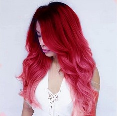 QUANTITY OF ASSORTED ITEMS TO INCLUDE LONG CURLY WAVY OMBRE RED PINK WIGS FOR WOMEN SYNTHETIC NATURAL MIDDLE PART DAILY PARTY HALLOWEEN COSPLAY WIG WITH WIG CAP: LOCATION - RACK B