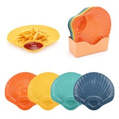 QUANTITY OF ASSORTED ITEMS TO INCLUDE BEKECIDI 8 PACK DUMPLING PLATE CHIPS AND SALSA PLATE SHELL SHAPE PLATE SMALL PLASTIC DIVIDED SNACK PLATE CREATIVE SNACK TRAY FOR TRAVEL PICNIC CAMPING OR DAILY U