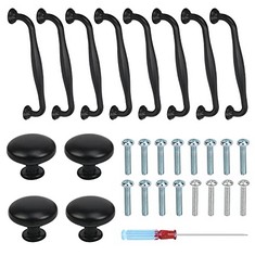 26 X HONMOK BLACK CUPBOARD HANDLES SET 8 PCS 128MM BOW CABINET PULL HANDLES & 4 PCS 29MM ROUND DRAWER CHEST KNOBS FURNITURE HANDLES WITH 16 SCREWS & SCREWDRIVER FOR KITCHEN BEDROOM BATHROOM - TOTAL R