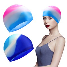 17 X TSHAOUN 2 PIECES SWIMMING HAT, UNISEX SILICONE SWIM CAP FOR ADULT KIDS, ANTI SLIP SWIM HATS MEN AND WOMEN STRETCHABLE WATERPROOF SWIMMING CAP FOR LONG HAIR, KEEP HAIR DRY , BLUE AND PINK  - TOTA