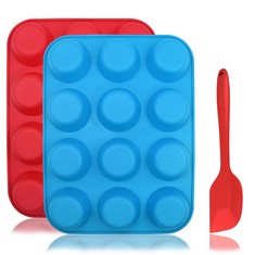 14 X 12-CUP SILICONE MUFFIN MOLD BONUS WITH SPATULA, SOURCETON 3 PCS PACK OF MUFFIN MOLD AND SPATULA SET, NON-STICK BAKING PAN, FLEXIBLE, CUPCAKE PANS, DISHWASHER, OVEN, MICROWAVE OVEN SAFE. BLUE + R