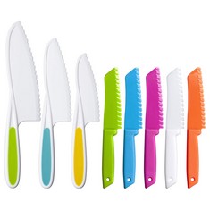 QUANTITY OF ASSORTED ITEMS TO INCLUDE MAZYPO 8 PIECES PLASTIC KNIVES FOR KIDS, NYLON KITCHEN BAKING KNIFE SET, KIDS COOKING CHEF KNIFE WITH SERRATED EDGES, SAFETY SALAD KNIFE AND BREAD, SALAD KIDS KI