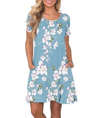 16 X WNEEDU SUMMER FLORAL DRESSES FOR WOMEN FLORAL SHORT SLEEVE TANK T-SHIRT SUNDRESS WITH POCKETS, S,FLORAL LIGHT BLUE  - TOTAL RRP £221:: LOCATION - RACK E