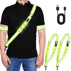 QUANTITY OF ASSORTED ITEMS TO INCLUDE 2 PCS RUNNING LIGHTS FOR RUNNERS, HIGH VISIBILITY USB RECHARGEABLE LIGHT UP RUNNING BELT, ADJUSTABLE CHEST LED LAMP RUNNING SAFETY GEAR FOR WALKING OR RUNNING AT