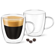 30 X DLUX ESPRESSO COFFEE CUPS WITH HANDLES, DOUBLE WALL CLEAR GLASS, INSULATED BOROSILICATE GLASSWARE TEA CUP, 2 PCS, 80 ML - TOTAL RRP £300: LOCATION - RACK F