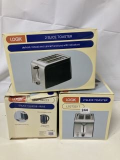 3 X LOGIK 2 SLICE TOASTERS - ASSORTED COLOURS