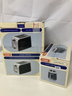 3 X LOGIK 2 SLICE TOASTERS - ASSORTED COLOURS