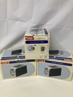 3 X LOGIK 2 SLICE TOASTERS - ASSORTED COLOURS