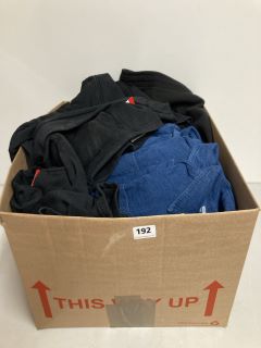 BOX OF ASSORTED CLOTHING IN VARIOUS SIZES & DESIGNS