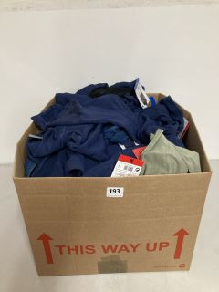 BOX OF ASSORTED CLOTHING IN VARIOUS SIZES & DESIGNS