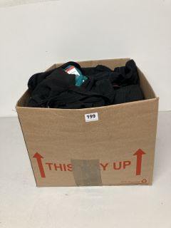 BOX OF ASSORTED CLOTHING IN VARIOUS SIZES & DESIGNS