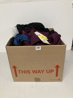 BOX OF ASSORTED CLOTHING IN VARIOUS SIZES & DESIGNS