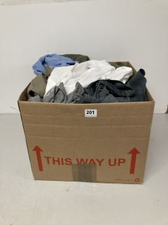 BOX OF ASSORTED CLOTHING IN VARIOUS SIZES & DESIGNS