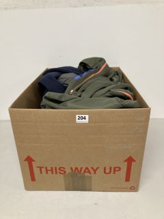 BOX OF ASSORTED CLOTHING IN VARIOUS SIZES & DESIGNS