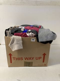 BOX OF ASSORTED CLOTHING IN VARIOUS SIZES & DESIGNS