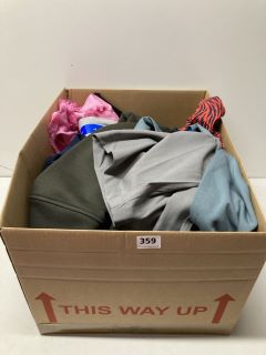 BOX OF ASSORTED CLOTHING IN VARIOUS SIZES & DESIGNS