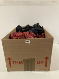 BOX OF ASSORTED CLOTHING IN VARIOUS SIZES AND DESIGNS