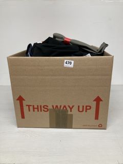 BOX OF ASSORTED CLOTHING IN VARIOUS SIZES AND DESIGNS