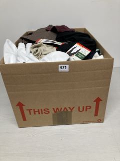 BOX OF ASSORTED CLOTHING IN VARIOUS SIZES AND DESIGNS