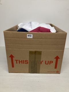 BOX OF ASSORTED CLOTHING IN VARIOUS SIZES AND DESIGNS