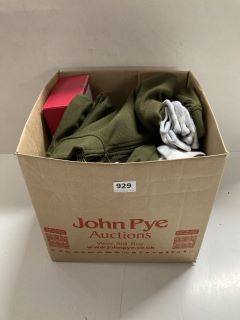 BOX OF ASSORTED CLOTHING IN VARIOUS DESIGNS & SIZES