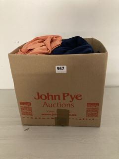 BOX OF ASSORTED CLOTHING IN VARIOUS SIZES & DESIGNS