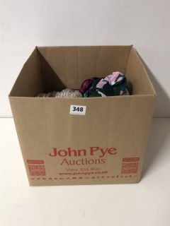 A BOX OF ASSORTED CLOTHING TO INCLUDE APRICOT DRESS SIZE 14