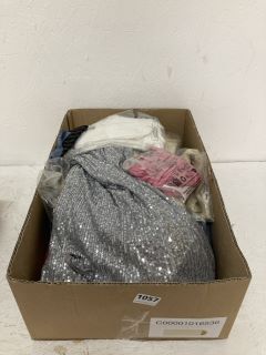 BOX OF ASSORTED DESIGNER CLOTHING IN VARIOUS SIZES & DESIGNS