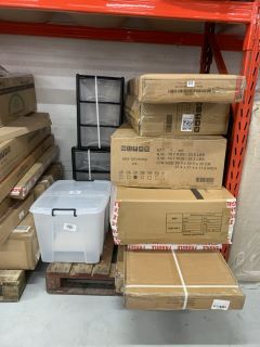 PALLET OF ASSORTED ITEMS INC PLASTIC STORAGE BOXES