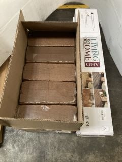 A BOX OF COIR BLOCK 5KG INCLUDING 3 PACKS OF LIVING AND HOME SELF ADHESIVE VINYL FLOORING SKU 2 X LG1006 AND 1 X LG1010