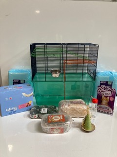 A QTY OF PET PRODUCTS INCLUDING HAMSTER CAGE + ACCESSORIES