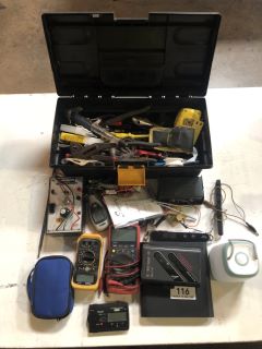 TOOLBOX WITH QTY OF HAND TOOLS TO INCLUDE MULTISENSOR PORTABLE LED LANTERN AND SANYO CASSETTE PLAYER