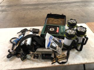 QTY OF ASSORTED ITEMS TO INCLUDE GREEN AND BLACK COLOURED PORTABLE GAS STOVE 4 X STYLE FLASHLIGHTS. QTY MULTIPLE ASSORTED TORCHES