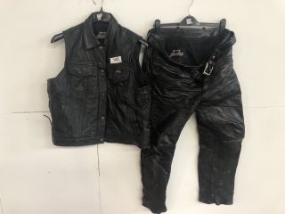 LEATHER BIKER VEST SIZE 3XL AND LEATHER LACED TROUSERS SIZE 34