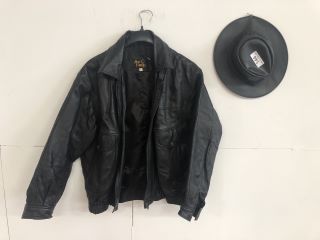 REAL LEATHER BLACK XL BIKERS JACKET TO INCLUDE HAWKINGS MEDIUM LEATHER AUSTRALIAN STYLE HAT