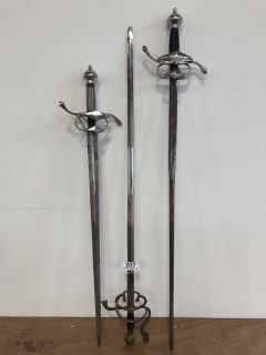 *18+ ONLY* 112CM REPLICA METAL RAPIER WITH SILVER COLOUR KNUCKLE GUARD TO INCLUDE 108CM REPLICA METAL RAPIER WITH GOLD COLOUR KNUCKLE GUARD AND BROWN LEATHER STYLE HANDLE AND 97CM HANWEI REPLICA