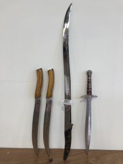 *18+ ONLY* 2 X LORD OF THE RINGS STYLE REPLICA METAL MACHETES WITH WOODEN HANDLES TO INCLUDE 95CM LORD OF THE RINGS STYLE REPLICA METAL SHORTSWORD WITH BLACK WOOD HANDLE AND 56CM LORD OF THE RINGS