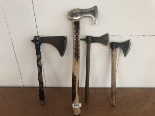 70CM VIKING STYLE REPLICA METAL AXE WITH RUNIC PATTERNS TO INCLUDE 50CM REPLICA METAL AXE WITH LEATHER STYLE STRAPPING AND 46CM REPLICA METAL AXE WITH LIGHT WOOD HANDLE AND 50CM REPLICA METAL AXE WIT