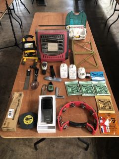 QTY OF ASSORTED ITEMS TO INCLUDE PORTABLE BUTANE HEATER TAMBOURINE AND ANTI-STATIC SOLDERING IRON