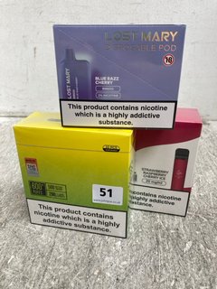 3 X BOXES OF 10 DISPOSABLE VAPES TO INCLUDE BLUE RAZZ CHERRY LOST MARY DISPOSABLE PODS BM600 (PLEASE NOTE: 18+YEARS ONLY. ID MAY BE REQUIRED): LOCATION - E0