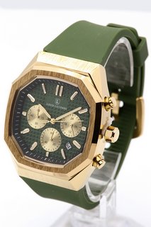 MEN'S LOUIS LACOMBE CHRONOGRAPH WATCH. FEATURING A GREEN DIAL WITH SUB DIALS, DATE, YELLOW GOLD COLOURED BEZEL AND CASE, W/R 3ATM. GREEN LEATHER STRAP. COMES WITH A GIFT BOX: LOCATION - I16