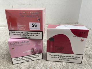 3 X BOXES OF 10 DISPOSABLE VAPES TO INCLUDE CHERRY ICE LOST MARY DISPOSABLE PODS BM600 (PLEASE NOTE: 18+YEARS ONLY. ID MAY BE REQUIRED): LOCATION - E0