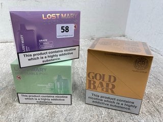 3 X BOXES OF 10 DISPOSABLE VAPES TO INCLUDE BLUE RAZZ CHERRY LOST MARY DISPOSABLE PODS BM600 (PLEASE NOTE: 18+YEARS ONLY. ID MAY BE REQUIRED): LOCATION - E0