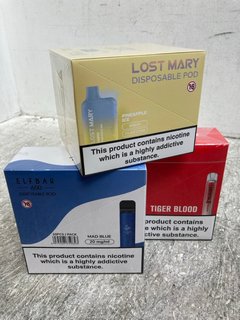 3 X BOXES OF 10 DISPOSABLE VAPES TO INCLUDE CRYSTAL TIGER BLOOD 600 PUFF VAPES 20MG (PLEASE NOTE: 18+YEARS ONLY. ID MAY BE REQUIRED): LOCATION - E0